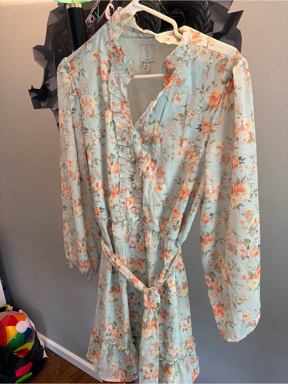 Joie Floral Ruffle Long-Sleeve Mini Dress in Light Blue and Coral